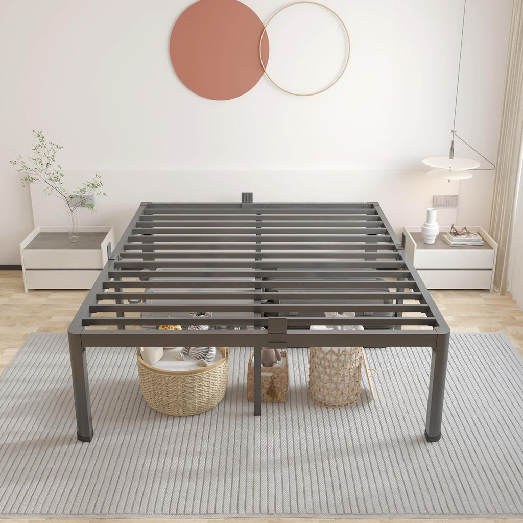 ROIL 18 Inch Queen Bed Frame with Rounded Corner and Headboard Hole Mattress Retainers 3500LBS Metal Heavy Duty Steel Slats No Box Spring Needed Platform Noise-Free Easy Assembly