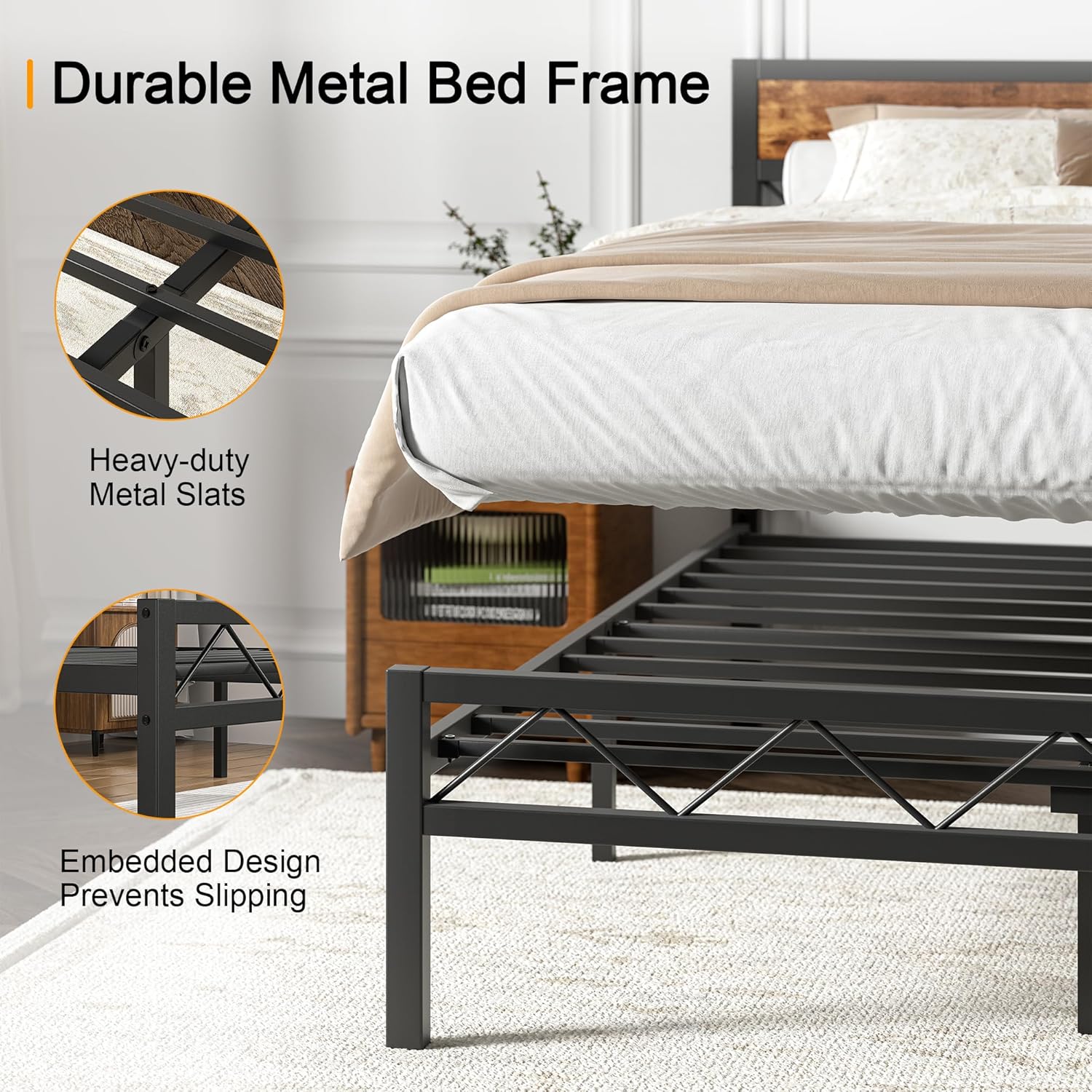VECELO Queen Size Bed Frame with Headboard, Heavy-Duty Platform Bedframe with Metal Slats Support, No Box Spring Needed, Easy Assembly, Black & Brown