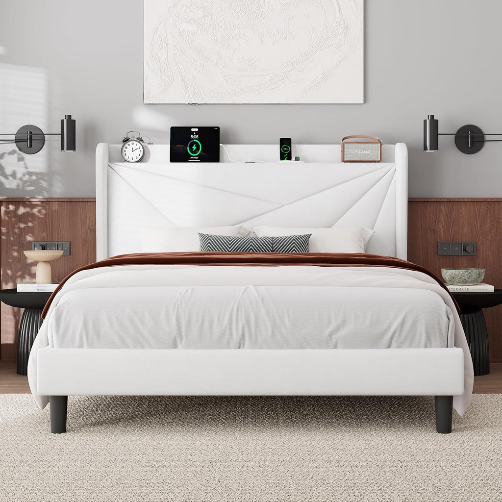 Feonase Full Bed Frame with Charging Station, Velvet Upholstered Platform Bedframe with Wingback Headboard, Solid Wood Slats Support, Noise Free, No Box Spring Needed, White