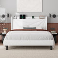 Feonase Full Bed Frame with Charging Station, Velvet Upholstered Platform Bedframe with Wingback Headboard, Solid Wood Slats Support, Noise Free, No Box Spring Needed, White