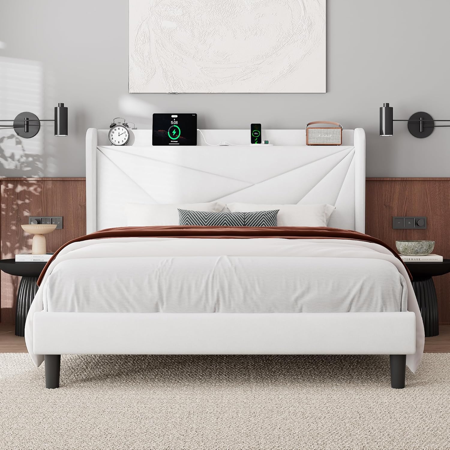 Feonase Full Bed Frame with Charging Station, Velvet Upholstered Platform Bedframe with Wingback Headboard, Solid Wood Slats Support, Noise Free, No Box Spring Needed, White