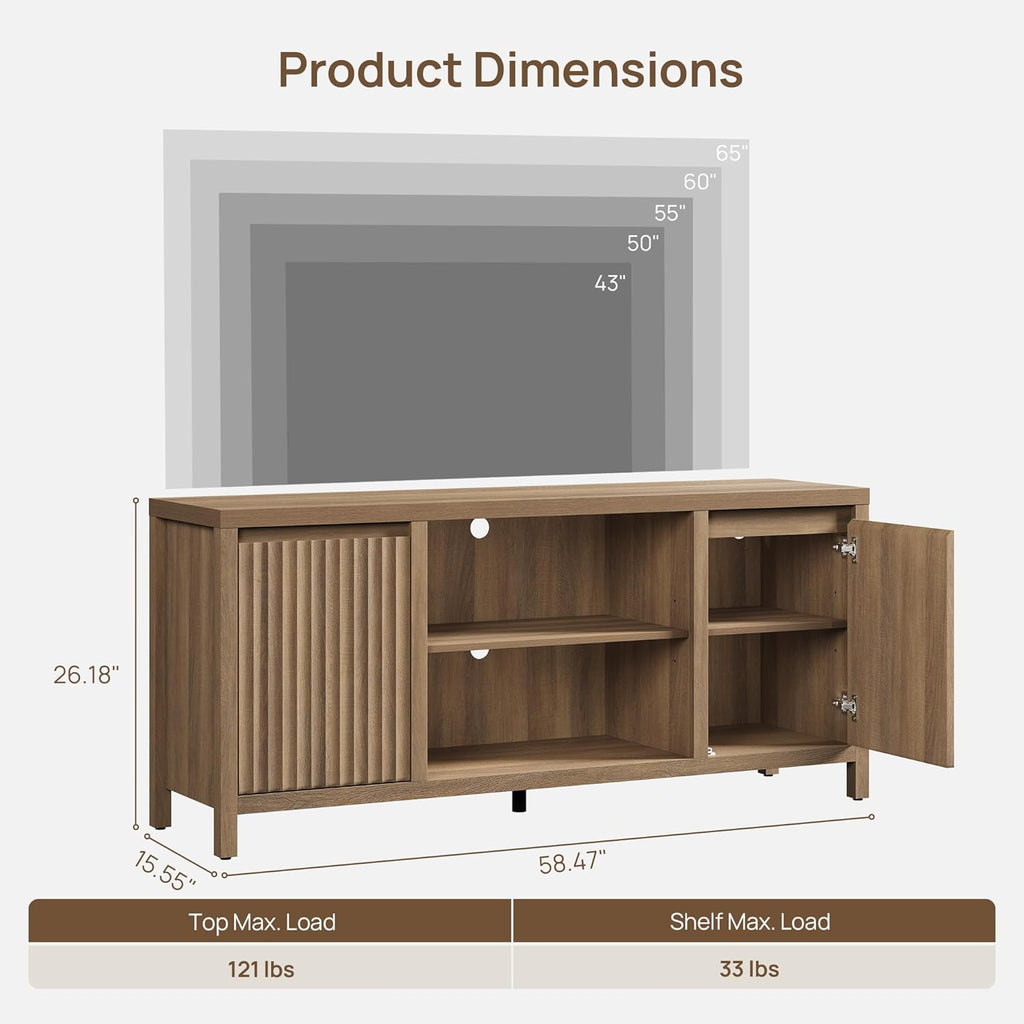 SICOTAS Fluted TV Stand for 55 65 inch TV - Large TV Consoles for Living Room Bedroom, Mid Century Modern Entertainment Center with Storage Cabinet, Wooden Television Stands Media Console, Caramel Oak