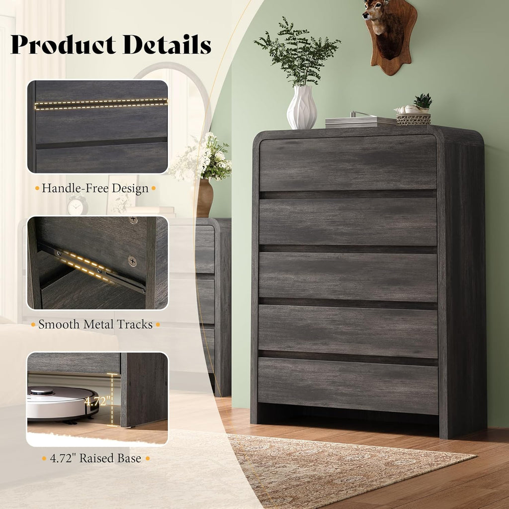Modern 4-Piece Bedroom Furniture Set with 5-Drawer Dresser, 6-Drawer Dresser and 2 Nightstands, Large Storage Capacity, Rounded Corners, Flexible Combination Design, Anti-Tip Kit Included, Black