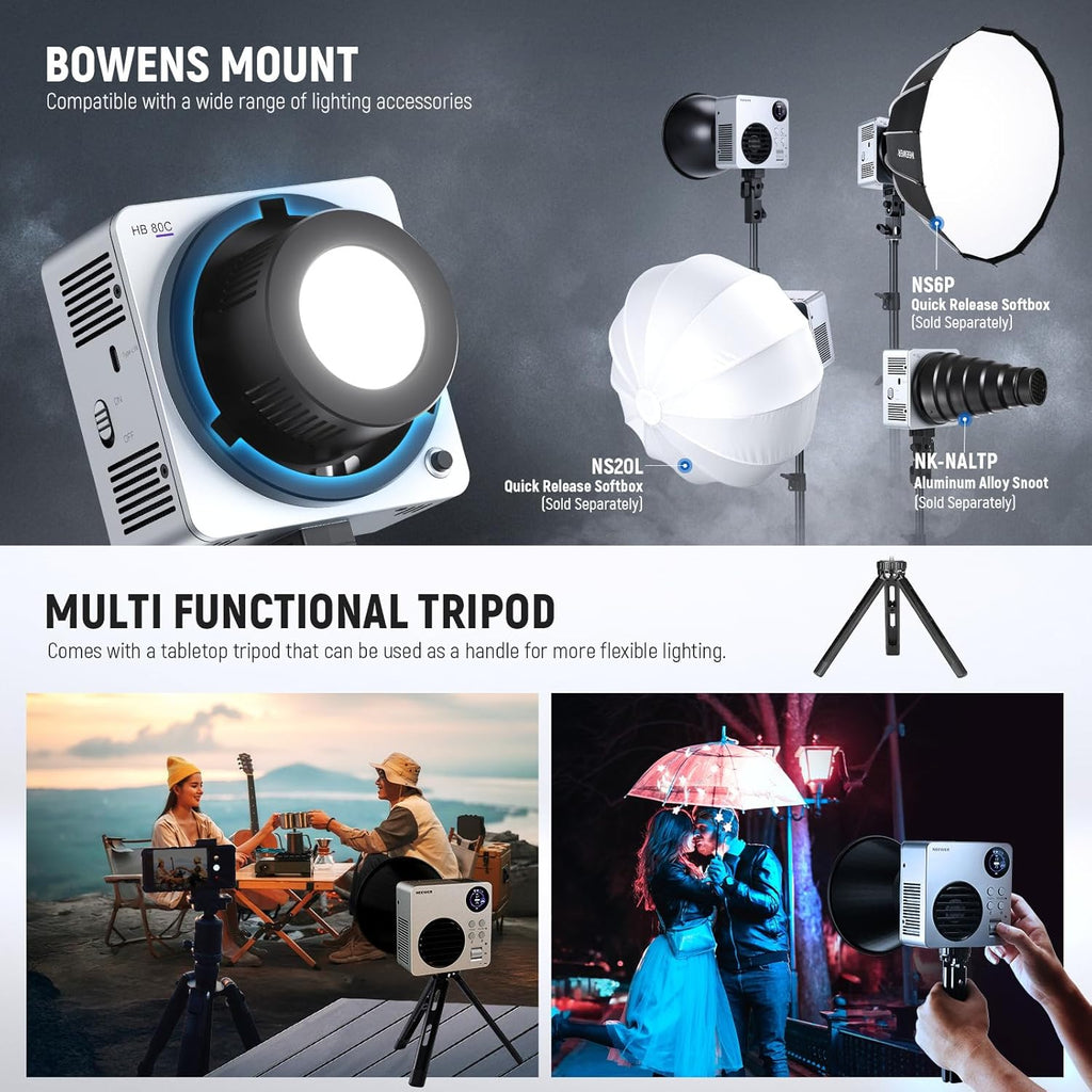 NEEWER HB80C RGBWW LED Video Light with Built-in 72Wh Battery & 100W PD Fast Charging, 80W Mini RGB COB Continuous Output Lighting Bowens Mount Handheld Spotlight 2500K-7500K, 10400lux/m, 18 Effects