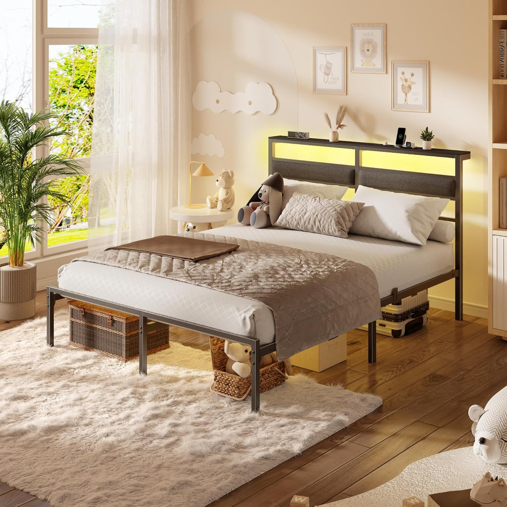 OURPIC Full Size Bed Frame with Headboard, Bed Frame Full Size with LED Light and Charging Station, Black Metal Platform Bedframe and Storage Shelf, No Box Spring Needed, Noise Free