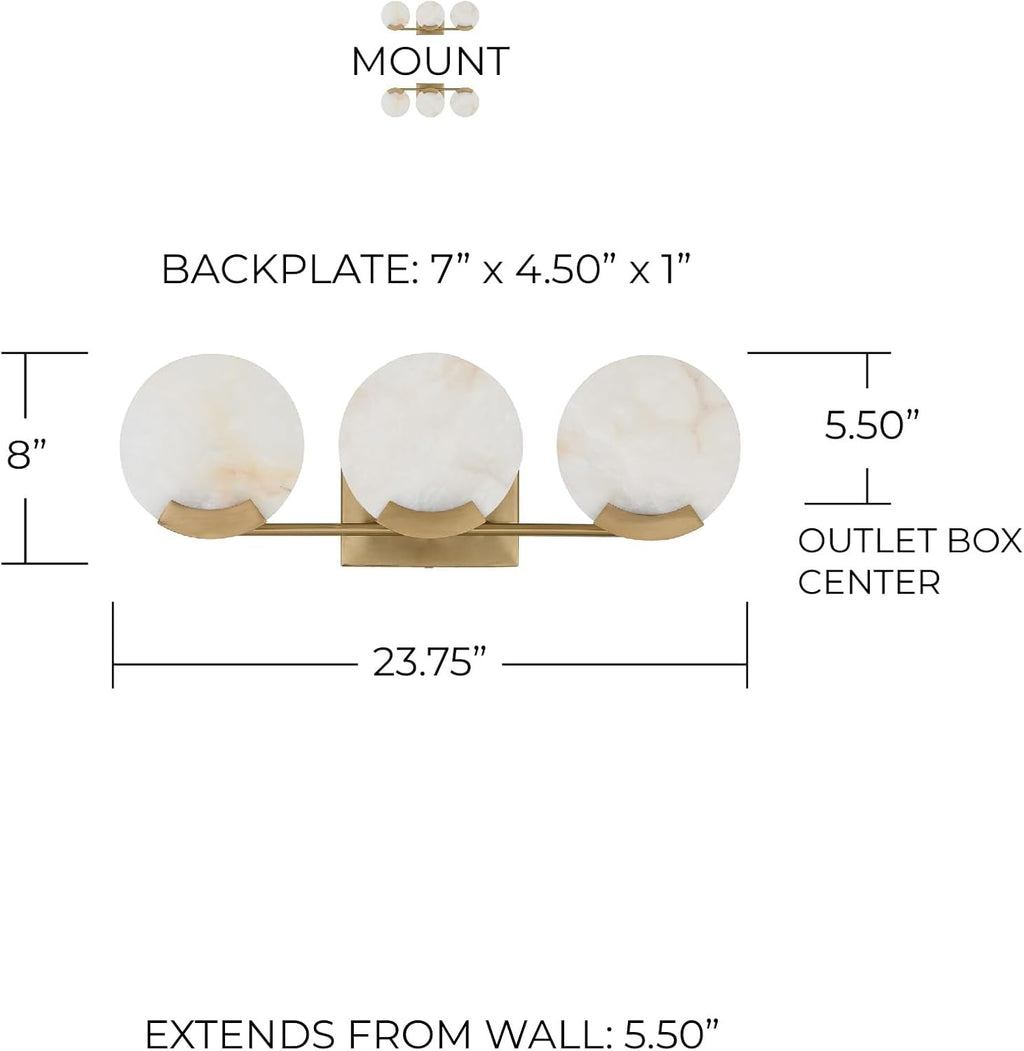 Capital Lighting 154631AD Oriya Modern Natural Alabaster Stone Bathroom Vanity Light, 3-Light 180 Total Watts, 8" H x 24" W, Aged Brass