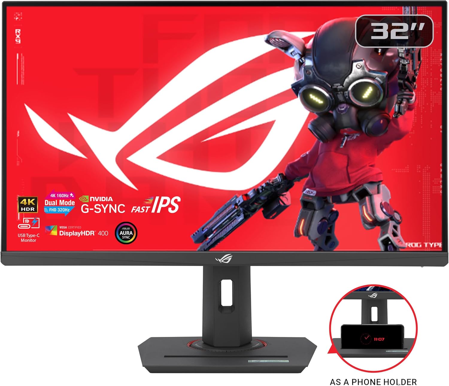 ASUS ROG Strix 32” 4K HDR Gaming Monitor (XG32UCG) – 3840x2160, Dual Mode (4K 160Hz/FHD 320Hz), 0.3ms, Fast IPS, Extreme Low Motion Blur Sync, USB-C, G-SYNC Compatible, Tripod Socket, 3 yr Warranty