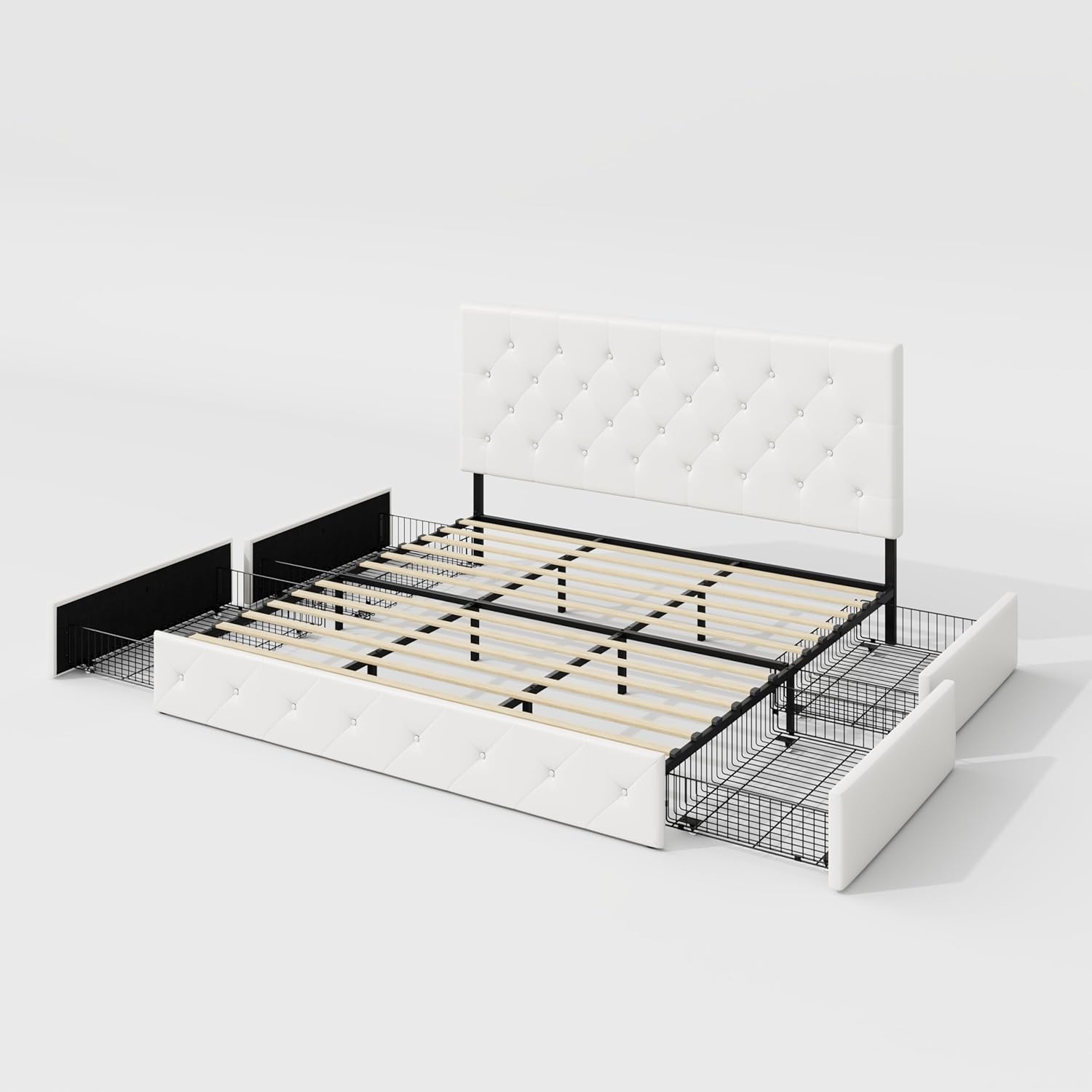 Allewie King Size Platform Bed Frame with 4 Storage Drawers and Headboard/Upholstered Diamond Stitched Button Tufted/Wooden Slats Support/Mattress Foundation/No Box Spring Needed/White