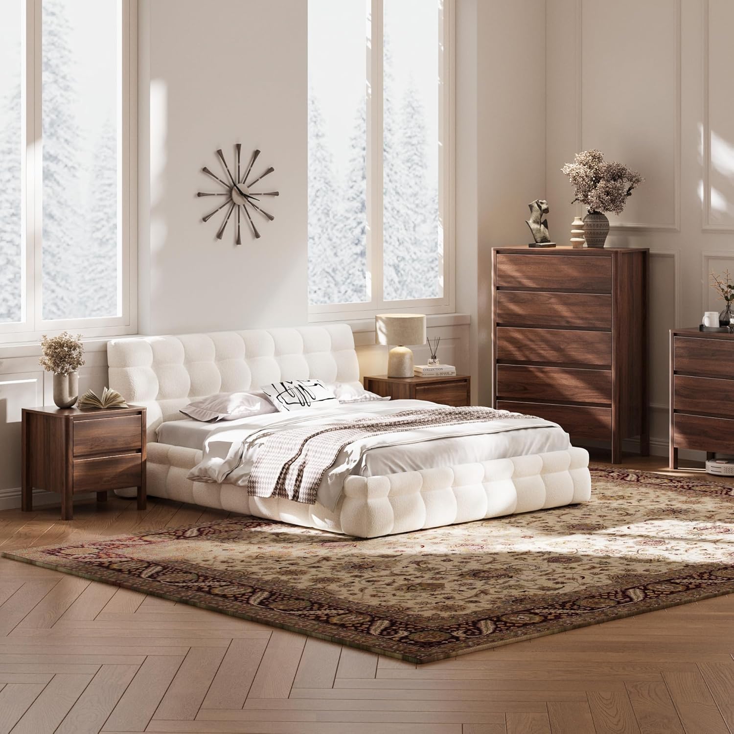 MAISONARIA Walnut 3-Piece Dresser Bedroom Set, 6 Drawers Dresser & 2 Drawer Nightstands with Hidden Handles, Wood Chest of Drawers for Bedroom, Living Room, Entryway