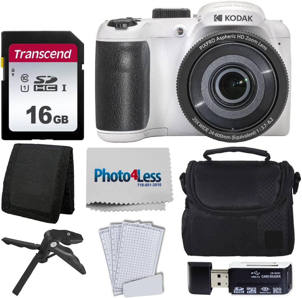 Kodak PIXPRO AZ255 Digital Camera (White), Point & Shoot Camera Case, 16GB Memory Card, USB Card Reader, Table Tripod, Accessories