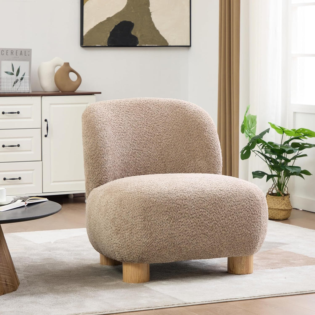 Christopher Knight Home Modern Low Profile Accent Chair for Living Room, Boucle Upholstered Armless Chair with Rubberwood Legs, Comfy Lounge Armchair, Plush Cloud-Like Seating for Bedroom, Light Brown