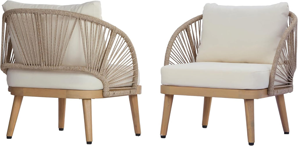 Christopher Knight Home Lydia Set of 2 Boho Patio Furniture Acacia Wood Club Chairs, Outdoor Lounge Chairs, Modern Tub Accent Chairs/Arm Chairs with Rope Woven and Removable Cushions, Natural+Beige