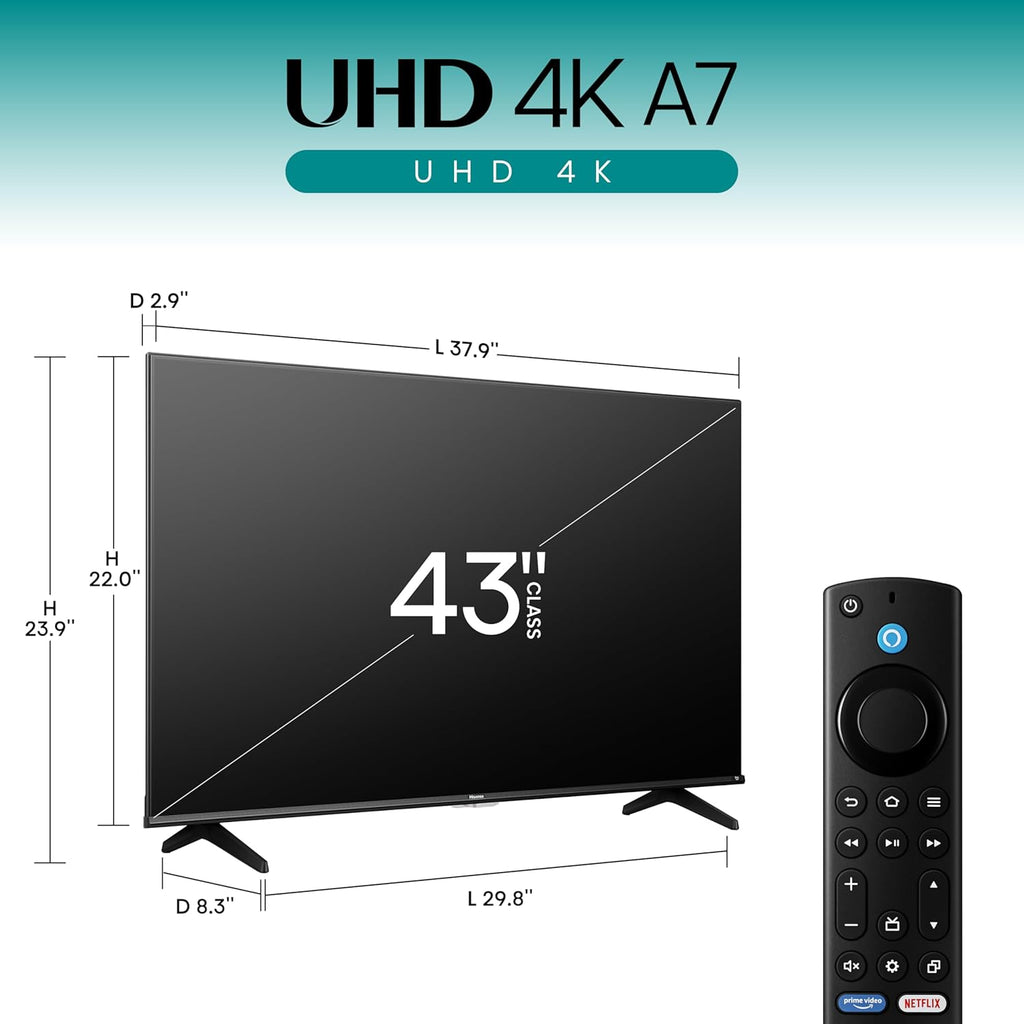 Hisense 43" Class A7 Series (43A7NF, 2025 Model) 4K UHD Smart Fire TV, Voice Remote with Alexa, Wide Color Gamut, HDR10+, Dolby Vision, Dolby Atmos, Game Mode, ALLM, Stream Live TV Without Cable