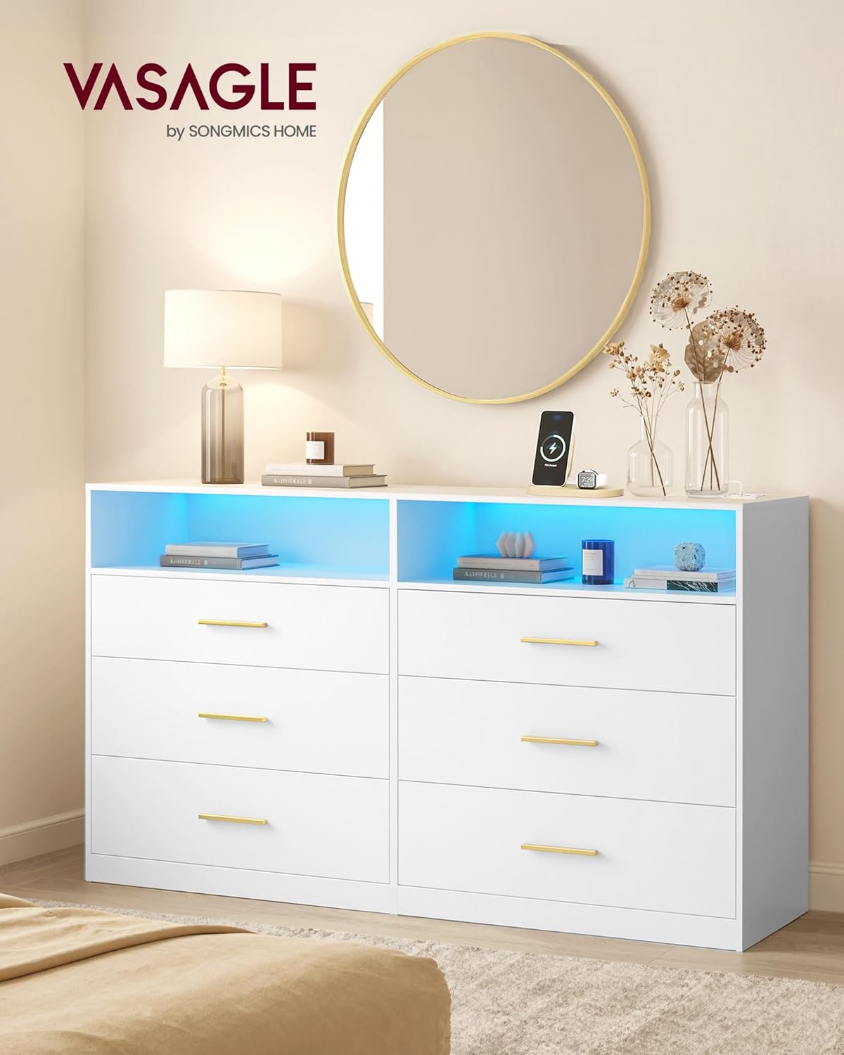 VASAGLE Custos Collection - Dresser for Bedroom, with LED Lights and Power Strip, Chest of Drawers, Modern, TV Stand for Living Room, 6 Drawers, 15.8 x 46.9 x 32 Inches, Cloud White ULTS316WB01S