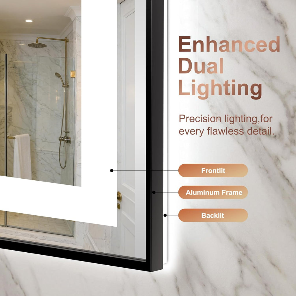 LED Bathroom Mirror with Lights, Black Framed Lighted Vanity Mirror, Front & Backlit, 55"x30", Anti-Fog, Dimmable 3 Color Temperature, Memory, Shatterproof Tempered Glass