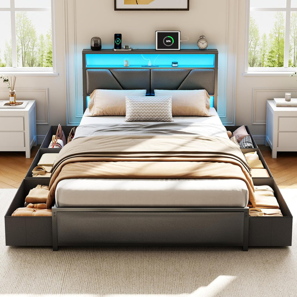 OURPIC Full Size Bed Frame, 2-Tier Storage Headboard & 6 Fabric Drawers, PU Leather Upholstered Platform Bed Frame Full with Charging Station and LED Lights, No Box Spring Needed, Noise Free