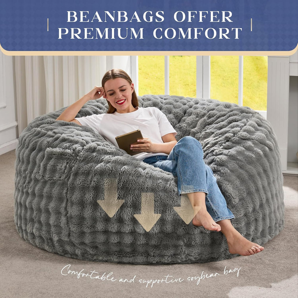 Hobestluk Bean Bag Chairs Beanbag Chair with Filler Adult Bean Bags with Fluffy & Machine Washable Cover, Giant Bean Bag Chairs for Aduts (Grey, 5FT-50" x 50" x 24")