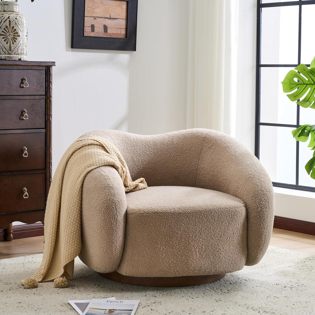 Christopher Knight Home Beckie Boucle Upholstered 360° Swivel Accent Chair, Living Room Barrel Swivel Chair with Wooden Base, Modern Club Chair with Rotation, Light Brown
