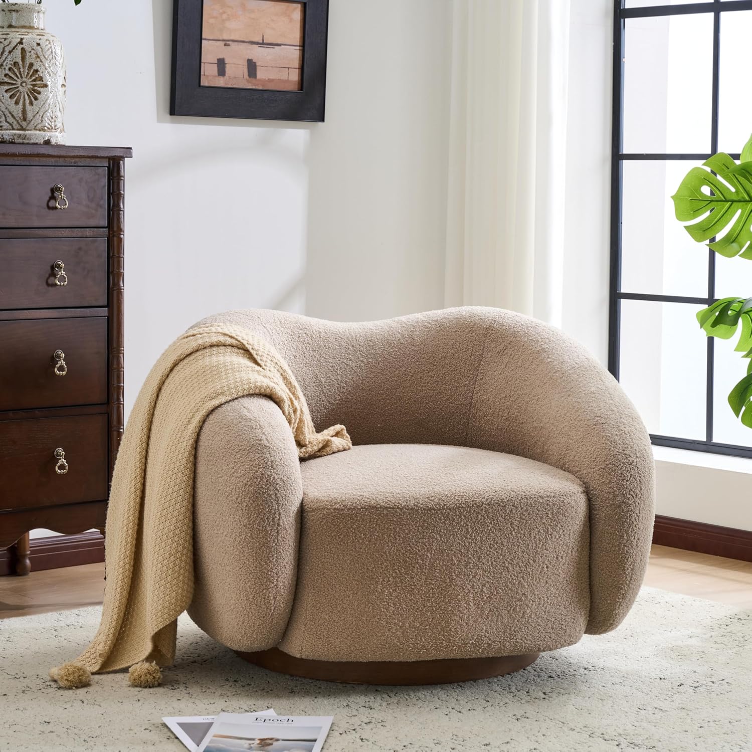 Christopher Knight Home Beckie Boucle Upholstered 360° Swivel Accent Chair, Living Room Barrel Swivel Chair with Wooden Base, Modern Club Chair with Rotation, Light Brown