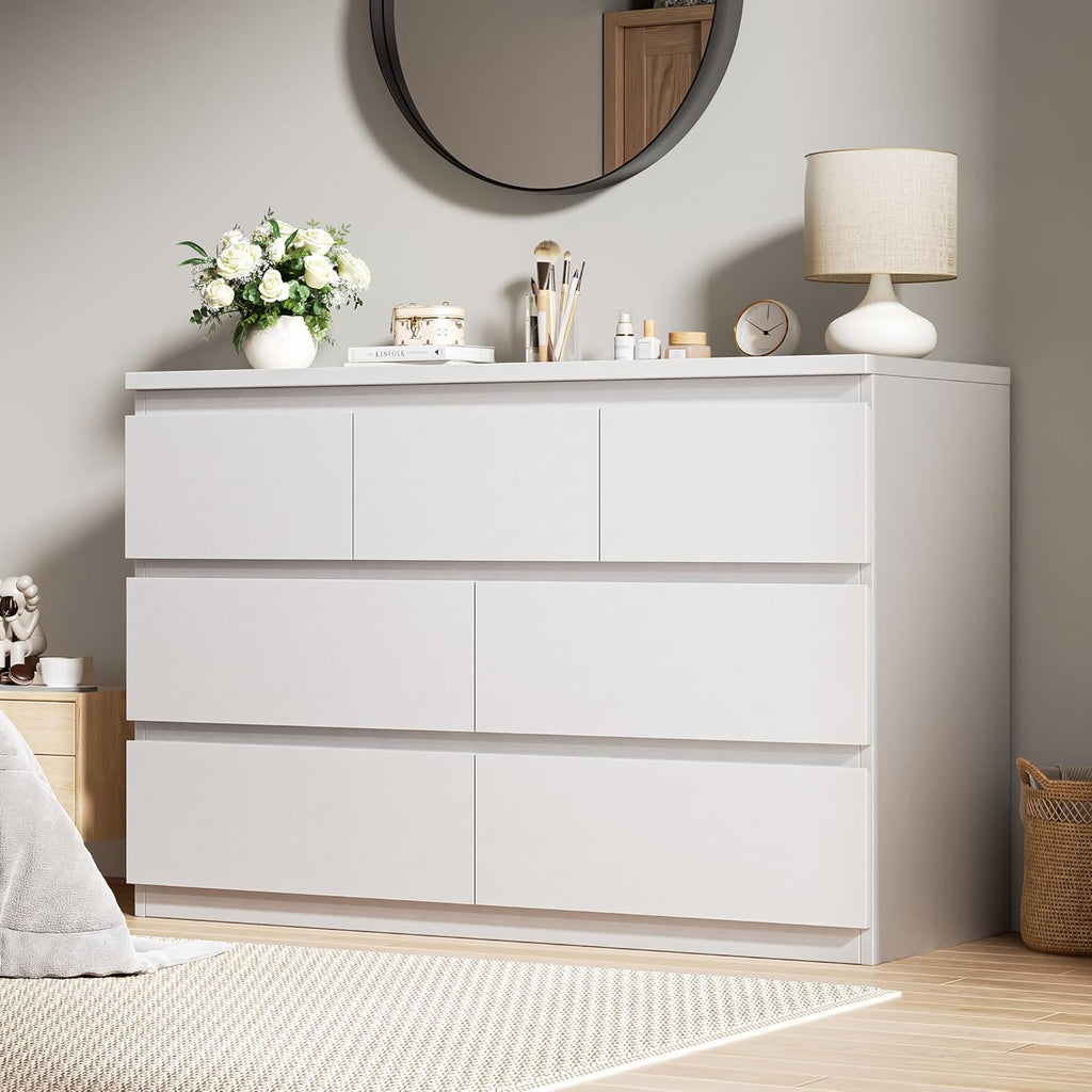 Jocoevol Modern White 7 Drawer Dresser for Bedroom, Simply Chest of Drawers, Wood Storage Dresser with Deep Drawers for Living Room Hallway Entryway, White