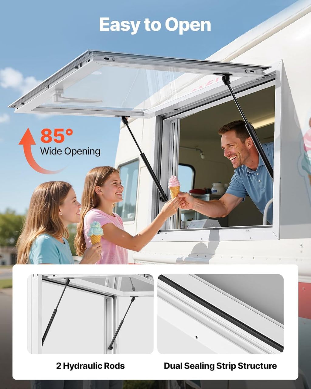 VEVOR Concession Window Aluminum Alloy Frame Service Windows for Food Truck, Up to 85 Degrees Stand Serving Window with Awning Door and Drag Hook (2 left&right sliding windows, 36x24in)