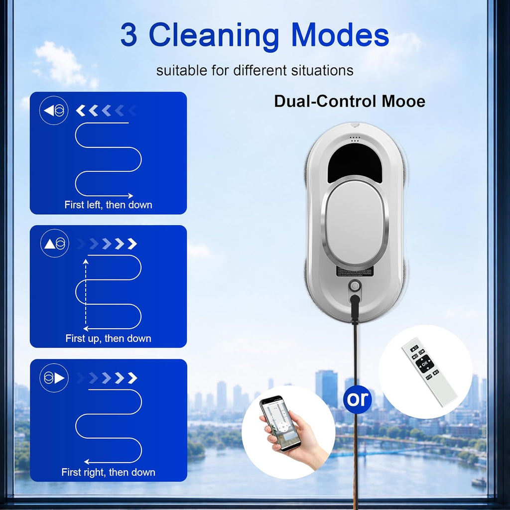 Automatic Window Cleaning Robot,Smart Robot Window Cleaner Inside/Outside,3000Pa Suction,Edge Detection,Intelligent Path Planning,Remote Control for high Glass,Shower,Mirror with 10 Rags(White)