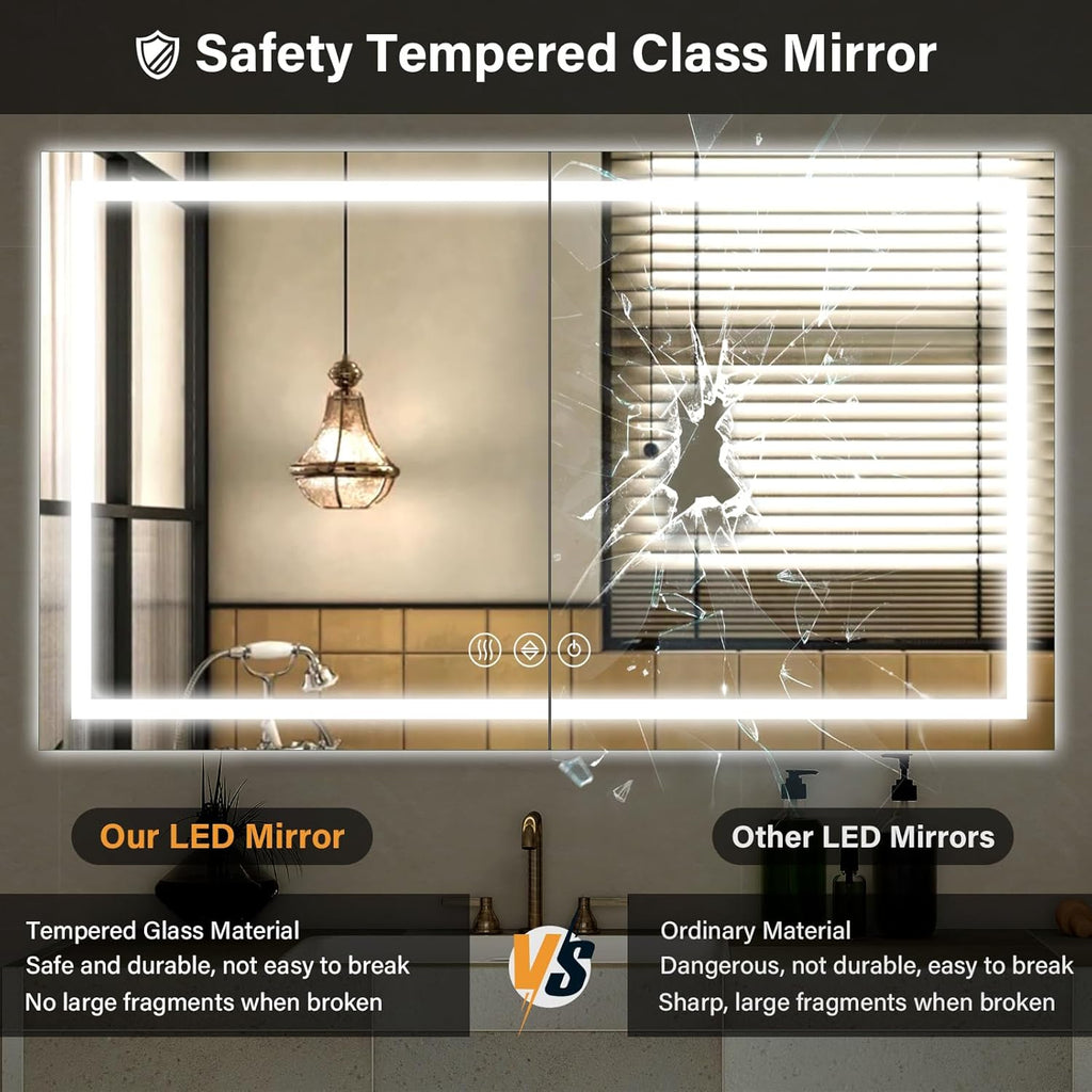 XRAMFY 40"x 60"LED Bathroom Mirror, Backlit + Front Lit, LED Bathroom Mirror with Lights for Wall, 3 Colors, Anti-Fog, Dimmable Brightness, Tempered Glass