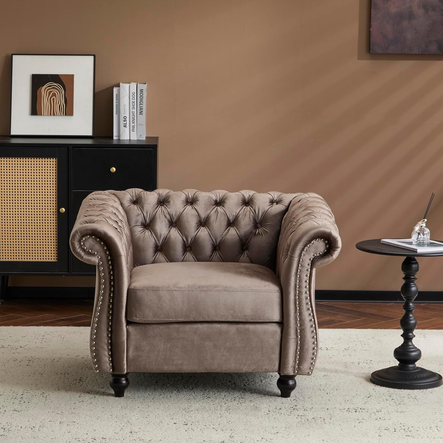 Christopher Knight Home Kitty Chesterfield Club Chair with Solid Wood Frame, Velvet Upholstered Living Room Chair, Button-Tufted Diamond Stitch Single Sofa, Nailhead Accent, Black + Dark Brown