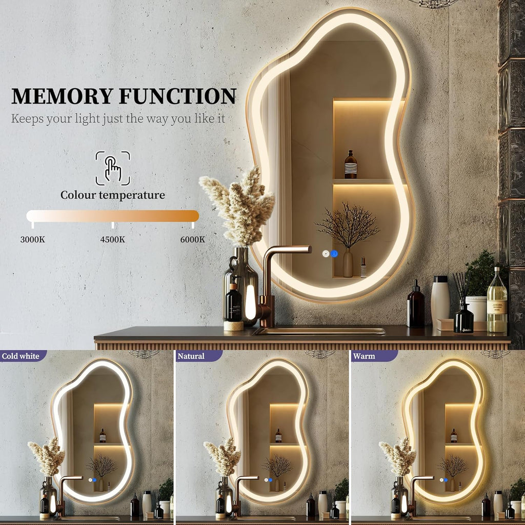 Irregular LED Bathroom Mirror with Lights, Cloud Smart Backlit Mirror, Dimmable Lighted Bathroom Gold Mirror with Anti-Fog, Asymmetrical Vanity Mirror Hangable 2 Ways (Gold, 20 x 36, 1 Pack)
