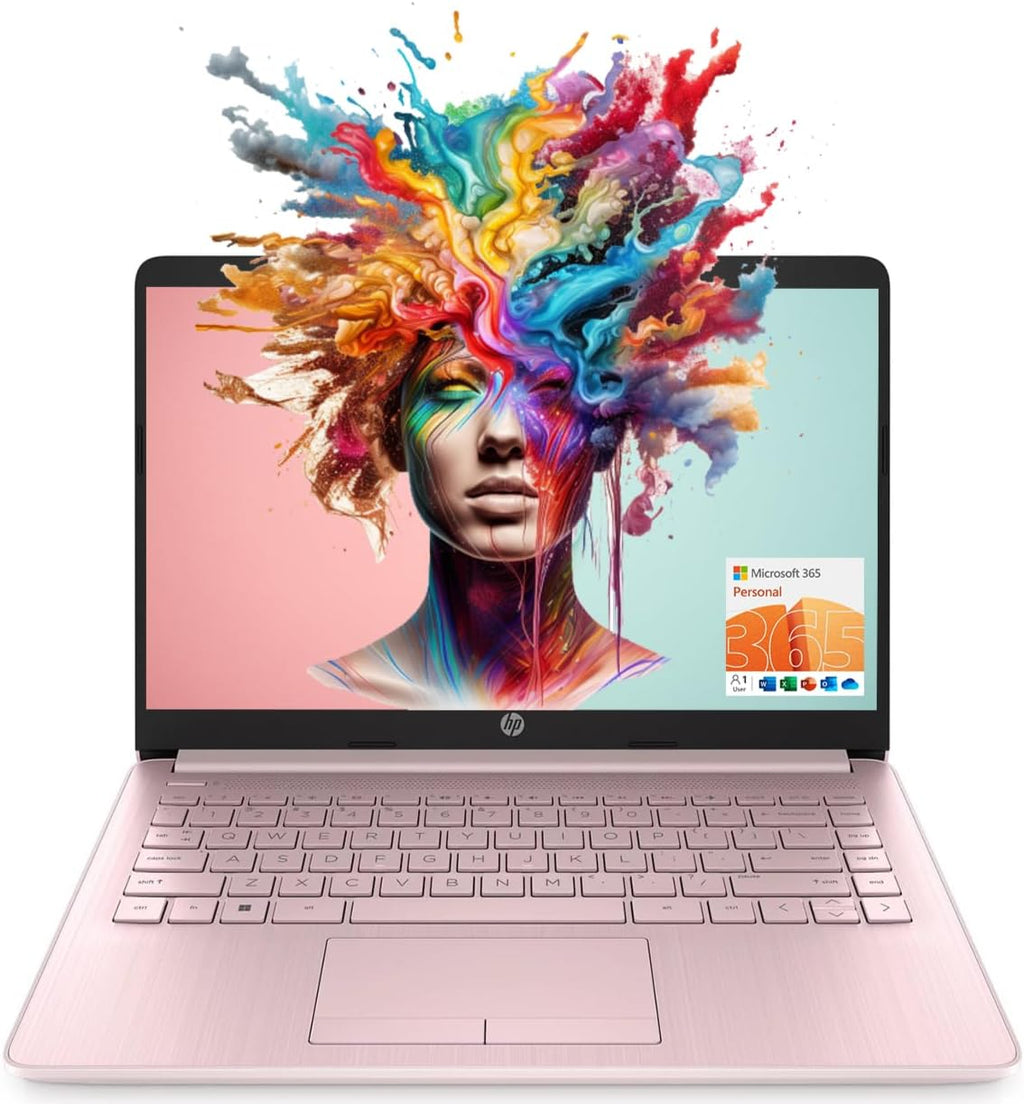 HP Essential Laptop, 14" HD Display, Intel Celeron N150, 8GB RAM, 128GB eMMC, Webcam, HDMI, Wi-Fi, RJ-45, 1 Year Office 365, Windows 11 Home, Pink