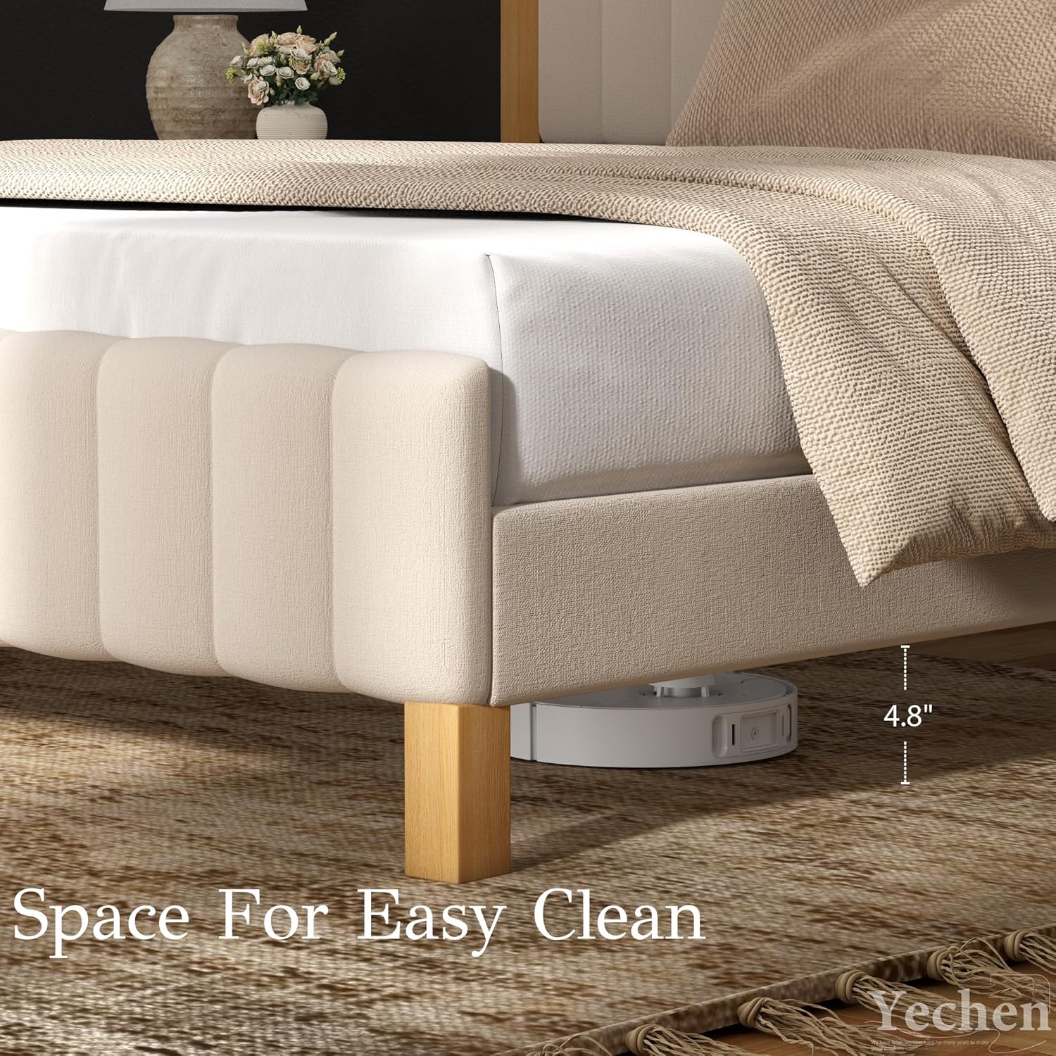 Yechen California King Bed Frame, Solid Wood Bed Frame CA-King Size with Upholstered Headboard, Platform Bedframe Noise Free, No Box Spring Needed, Beige Linen