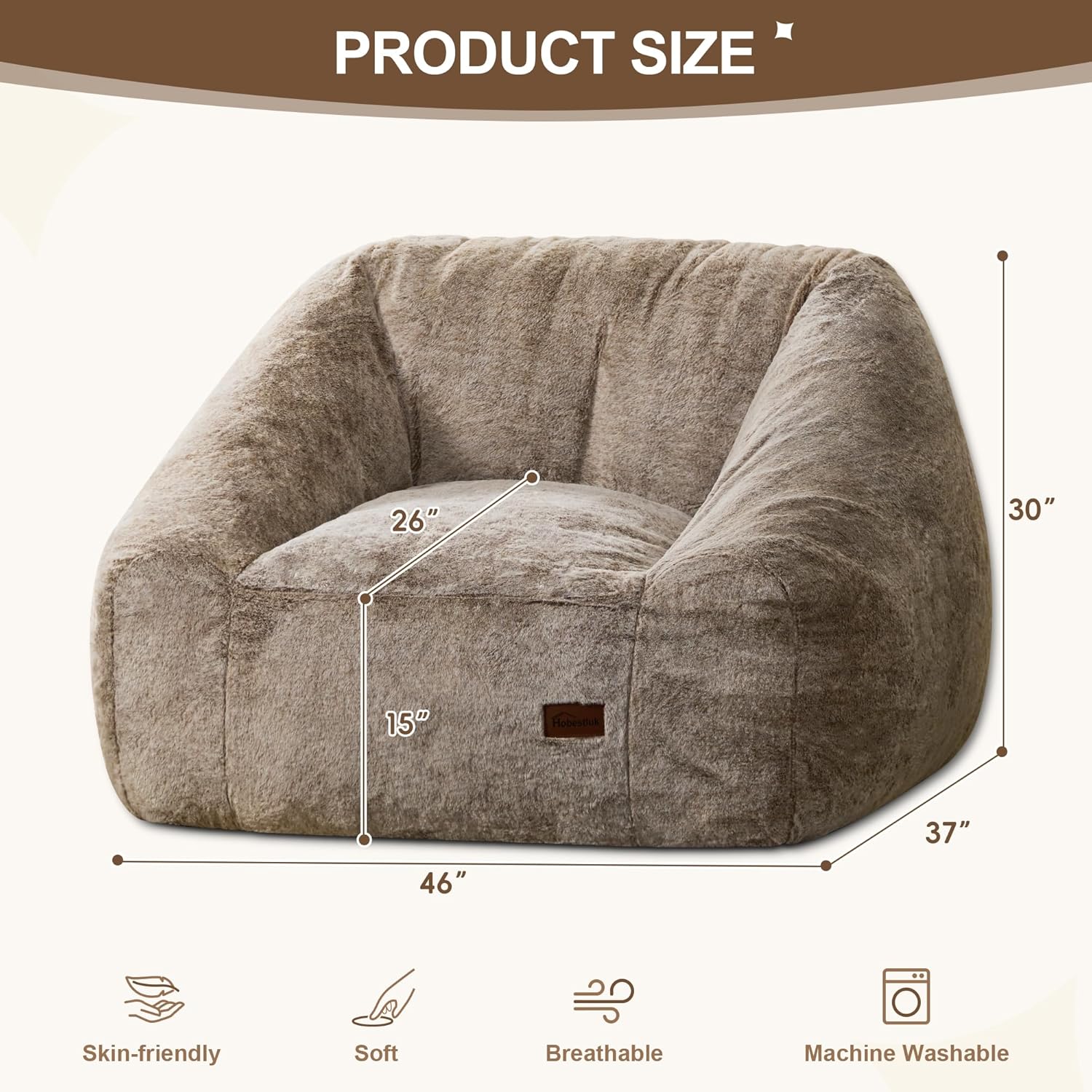 Hobestluk Giant Bean Bag Chair Memory Foam Filled Sofa Chair Bean Bag for Adults/Teens/Kids, Oversized Lazy Accent Comfy Stuffed BeanBag Sofa for Living Room Bedroom Dorm Reading(Brown)