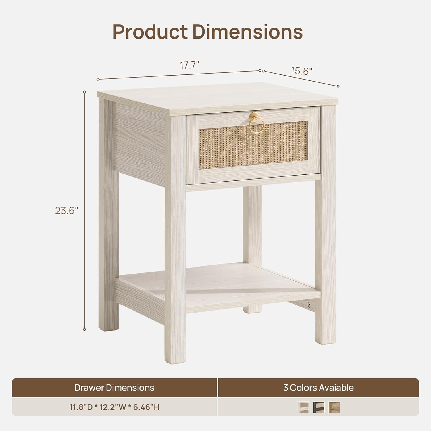 SICOTAS White Nightstand Set of 2,Rattan Decor Drawer with Brass Knobs Night Stand Bedside Table Boho End Tables Side Tables with Storage Shelf for Bedroom,Small Space