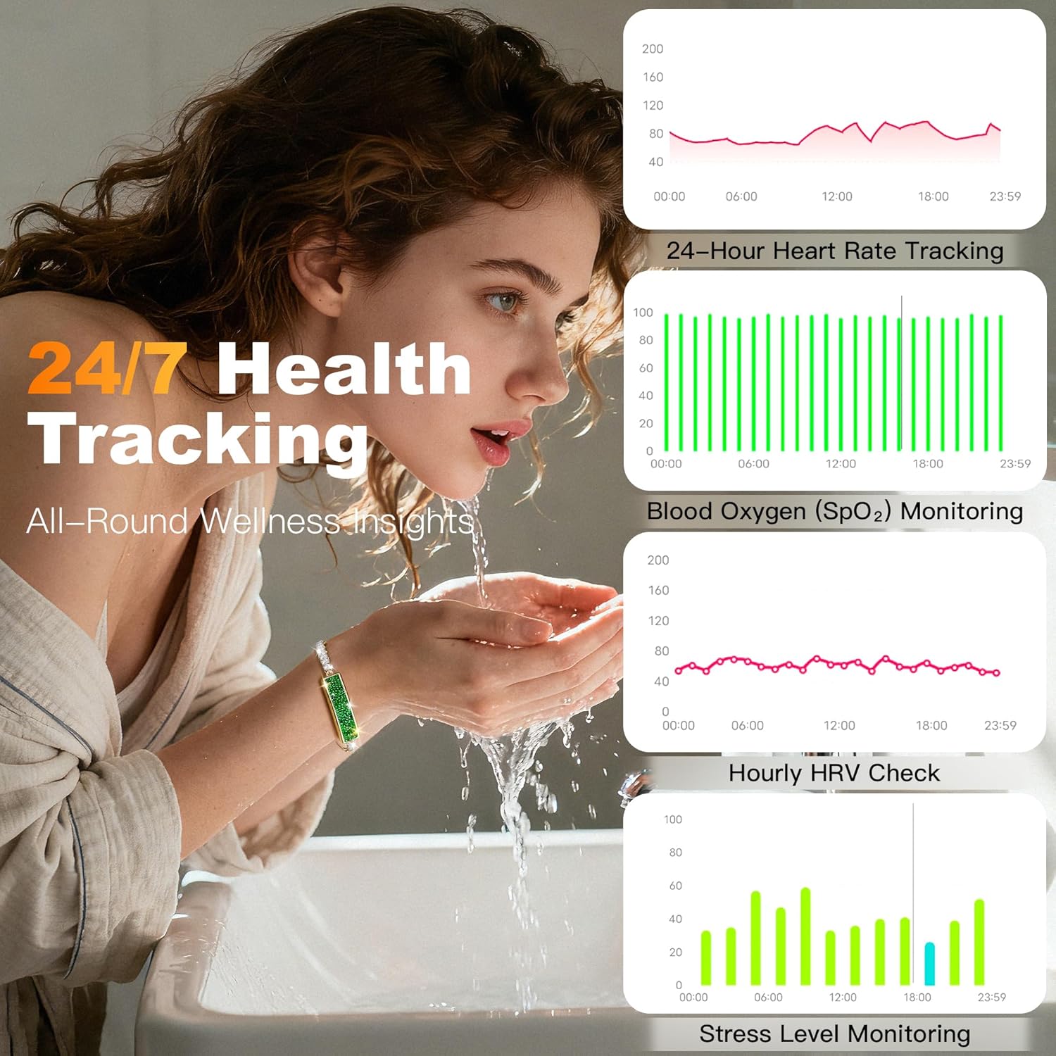 Smart Bracelet, Health Activity Fitness Trackers, 24/7 Heart Rate, HRV, Blood Oxygen & Stress Monitor, 24H Sleep Tracker, Smart Wristband Free APP for iOS & Android, for Girls