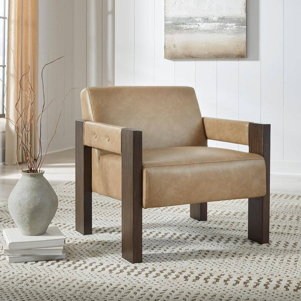 Signature Design by Ashley Adlanlock Contemporary Faux Leather Accent Chair with Wood Frame, Light Brown