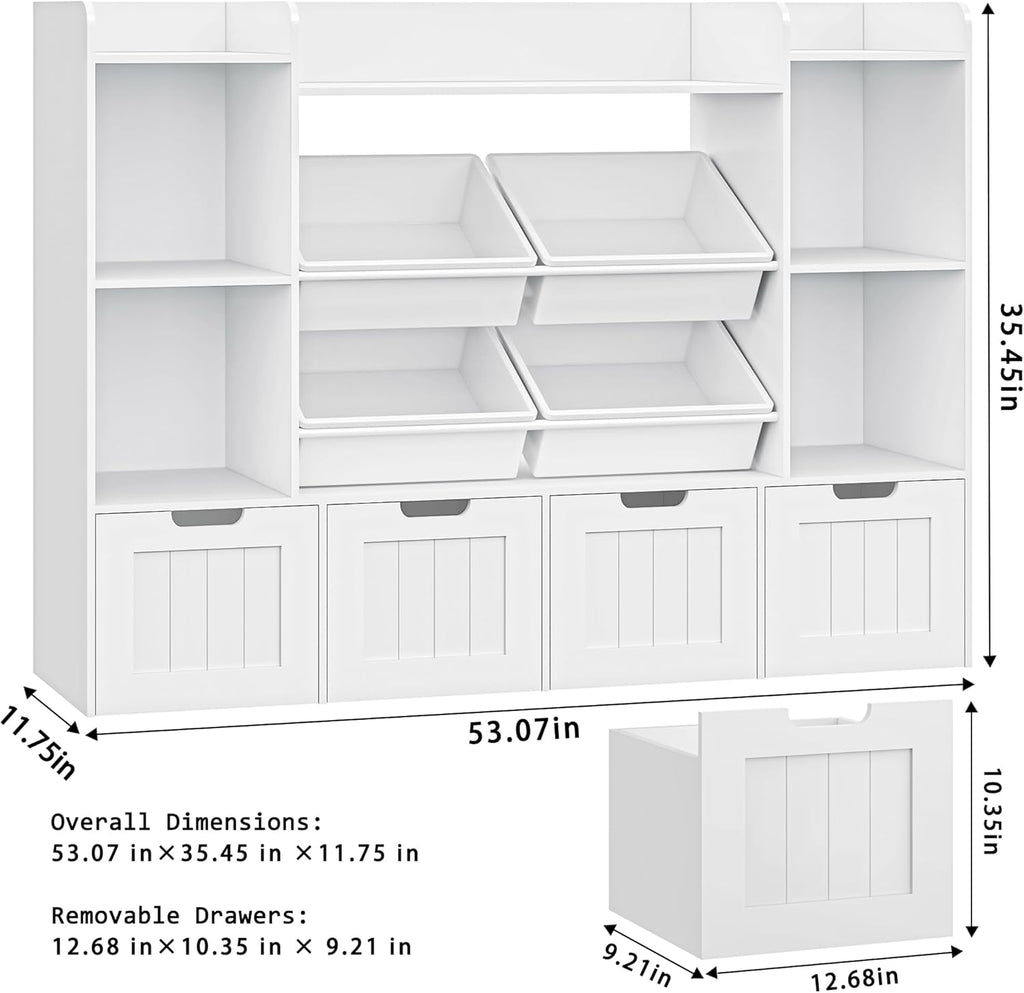 Toy Storage Organizer, Toy Organizer with 4 Movable Drawers and 4 Box Bins, Kids Playroom Storage Organization with Hidden Wheels for Living Room, Kids Room