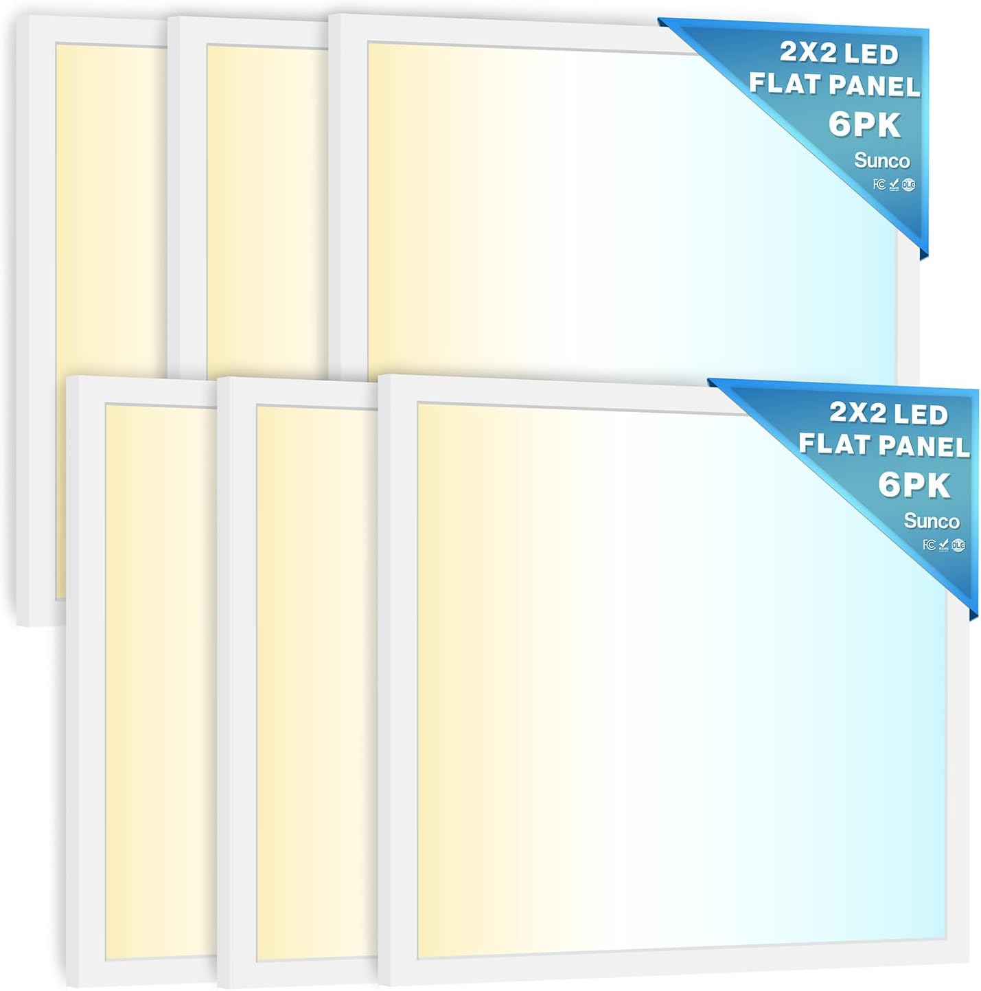 Sunco 6 Pack 2x2 LED Flat Panel Lights for Drop Ceiling, Troffer Replacement Light Fixture, 5200 LM, Selectable Features, 30W/35W/40W, 4000K/5000K/6000K, Dimmable (0-10V) ETL/DLC