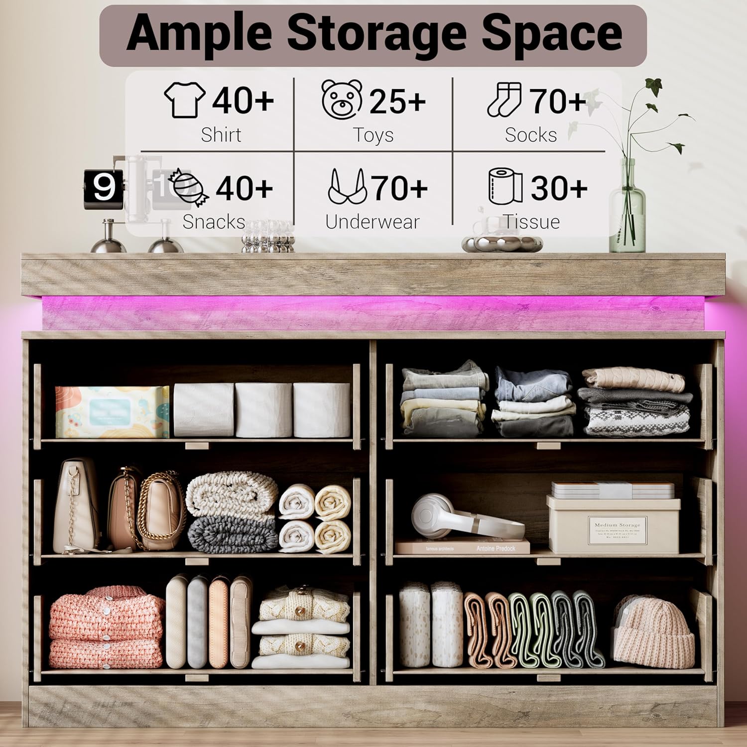 Dresser for Bedroom with RGB LED Lights and Charging Station, 6 Drawers Wooden Chest of Drawers, 47.2" Wide Fluted TV Stand, Closet Clothes Storage Organizer for Living Room, Hallway, Grey