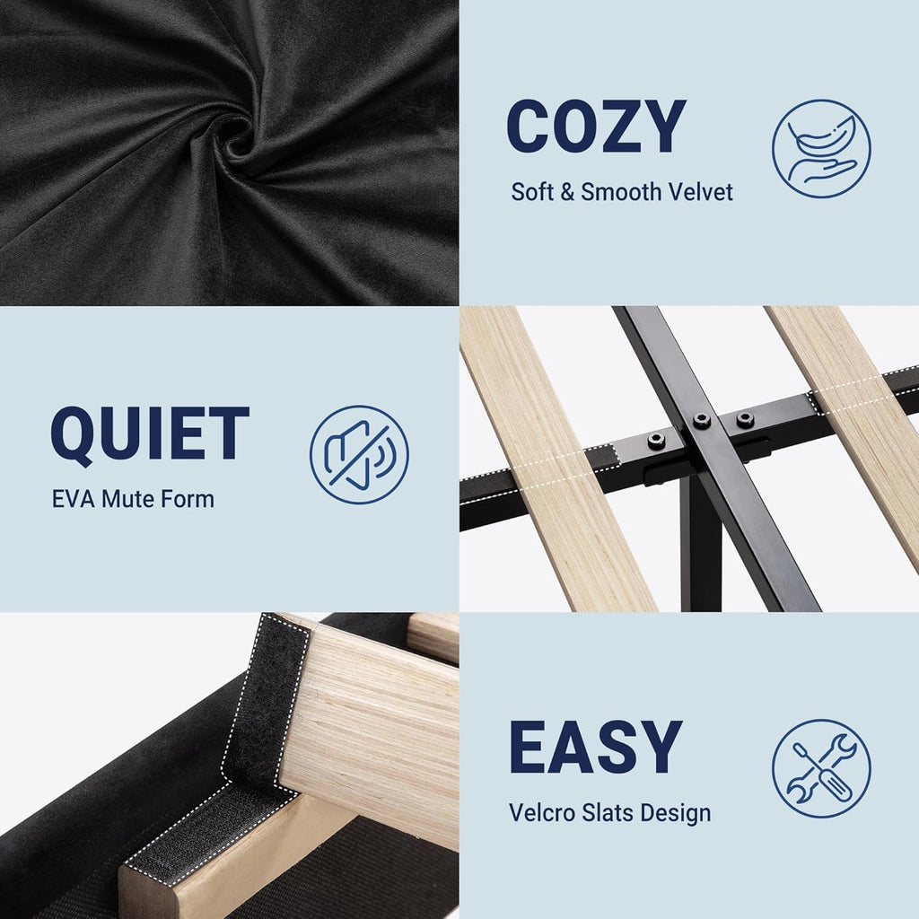 Allewie Queen Platform Bed Frame with Adjustable Headboard, Plush Velvet Upholstered, Vertical Channel Tufted, Sturdy Wooden Slats, No Box Spring Needed, Easy Assembly, Black