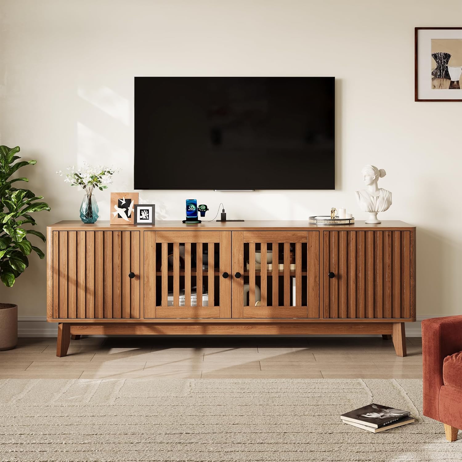 Garvee Mid Century Modern TV Stand, TV Stands for Living Room with 4 Grille Doors and Adjustable Shelves, Entertainment Center with Storage and Power Output, Wooden TV Console