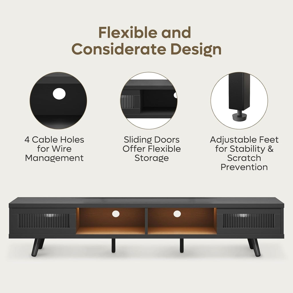 Bestier Mid Century Modern TV Stand for 75 inch TV, LED Entertainment Center with Storage and Sliding Doors, Low Profile TV Consoles for Living Room, Embossed Black