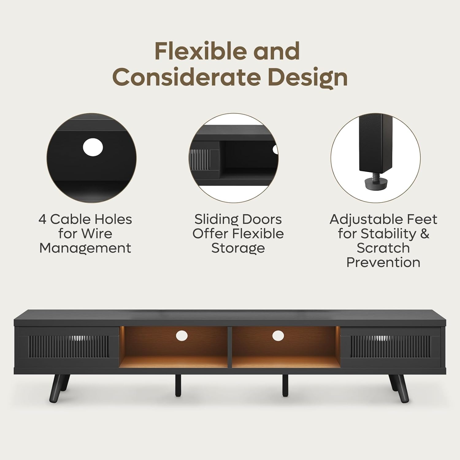 Bestier Mid Century Modern TV Stand for 75 inch TV, LED Entertainment Center with Storage and Sliding Doors, Low Profile TV Consoles for Living Room, Embossed Black