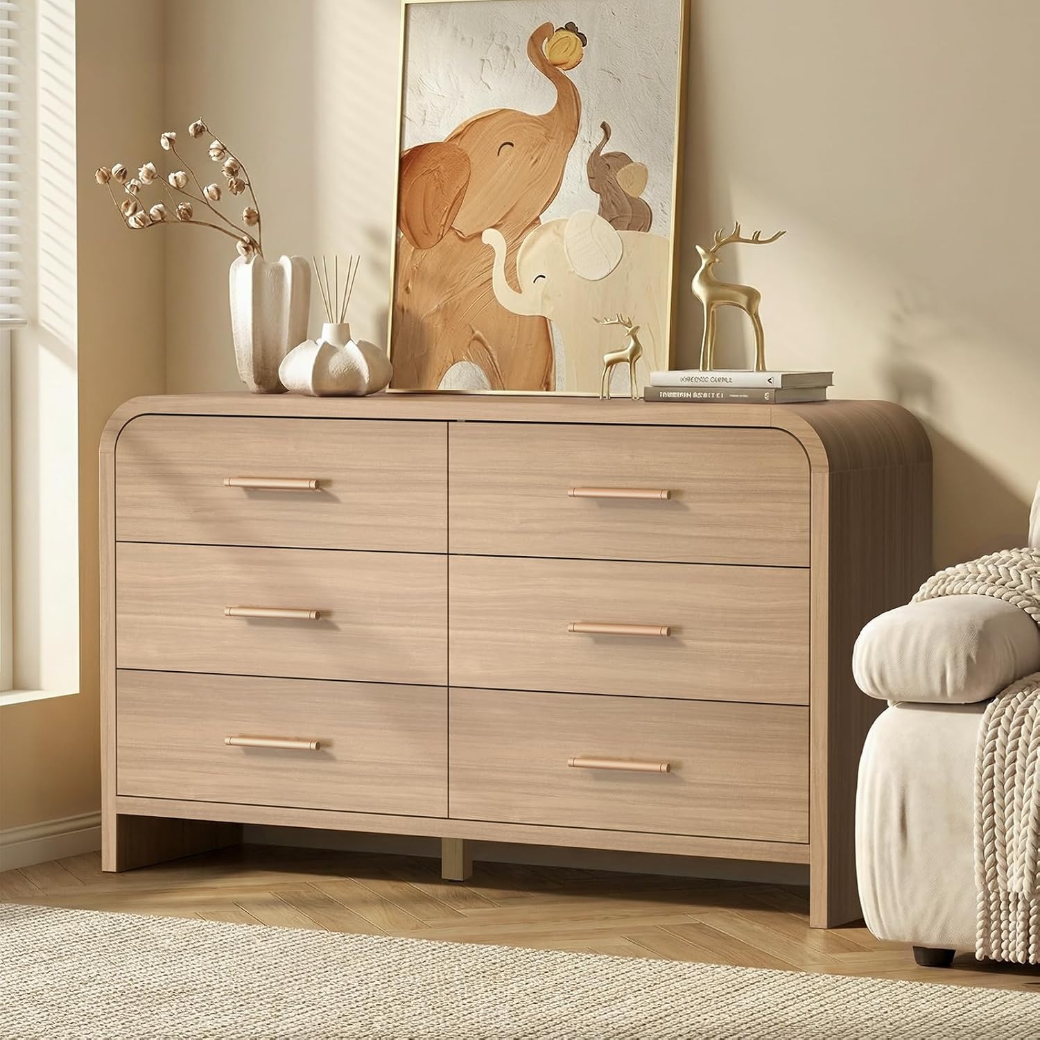 3-Piece Modern Bedroom Furniture Set, 6-Drawer& 2-Drawer Nightstands Set of 2, Unique Curved Design Wooden Dresser and Nightstand Sets for Bedroom, Hallway, Oak
