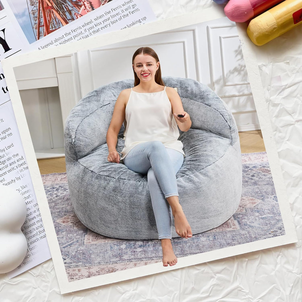 Hobestluk Bean Bag Chair Giant Bean Bag Chairs for Adults Big Bean Bag Chair with Memory Foam Filler Adults Large Beanbag with Faux Fur Cover for Bedroom (Plush Grey,Oversize)