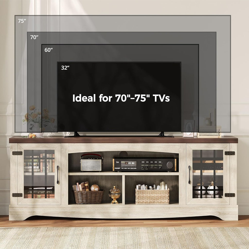 IRONCK Farmhouse TV Stand for 75 Inch TV, Rustic Entertainment Center with Storage Cabinets & Open Shelves, Grid Glass Doors, Media Console for Living Room, Bedroom(Light Oak & Walnut)
