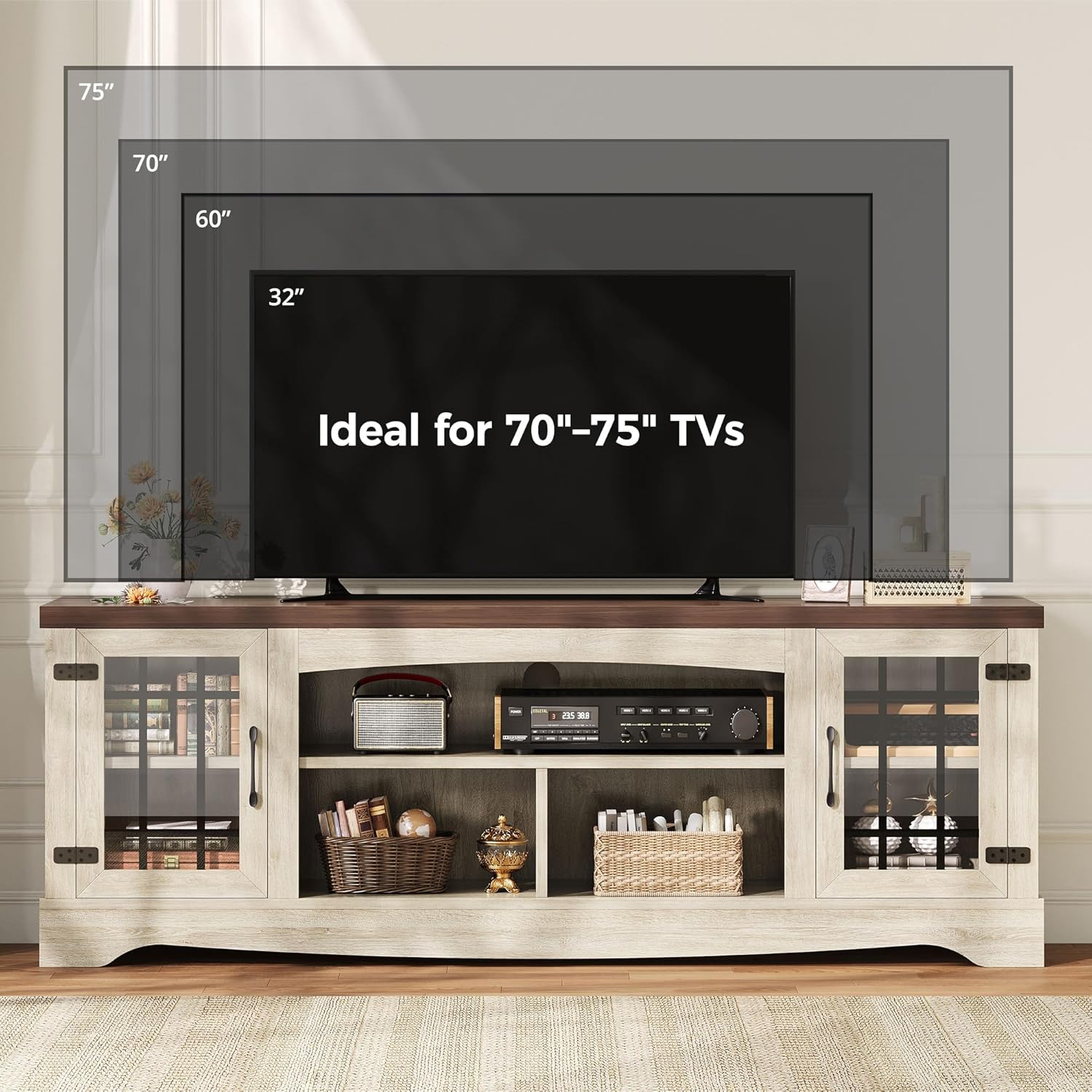 IRONCK Farmhouse TV Stand for 75 Inch TV, Rustic Entertainment Center with Storage Cabinets & Open Shelves, Grid Glass Doors, Media Console for Living Room, Bedroom(Light Oak & Walnut)