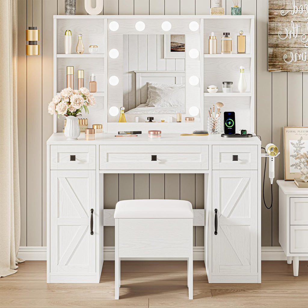 IRONCK White Vanity Desk with Mirror & Lights, Farmhouse Makeup Vanity Table with Adjustable 3 LED Modes, Charging Station, 3 Drawers & Storage Shelves, Stool Included