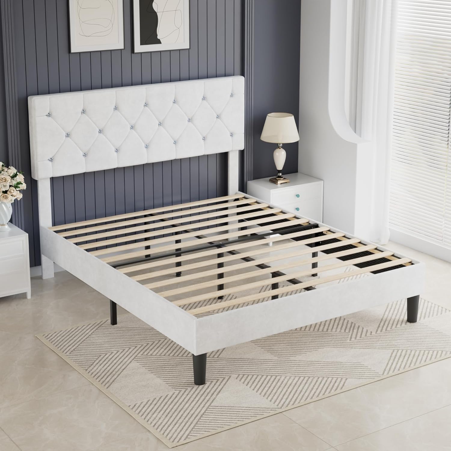 VECELO Full Size Bed Frame with Diamond Tufted Headboard, Upholstered Platform Bedframe with Wood Slat Support, No Box Spring Needed, Velvet & White