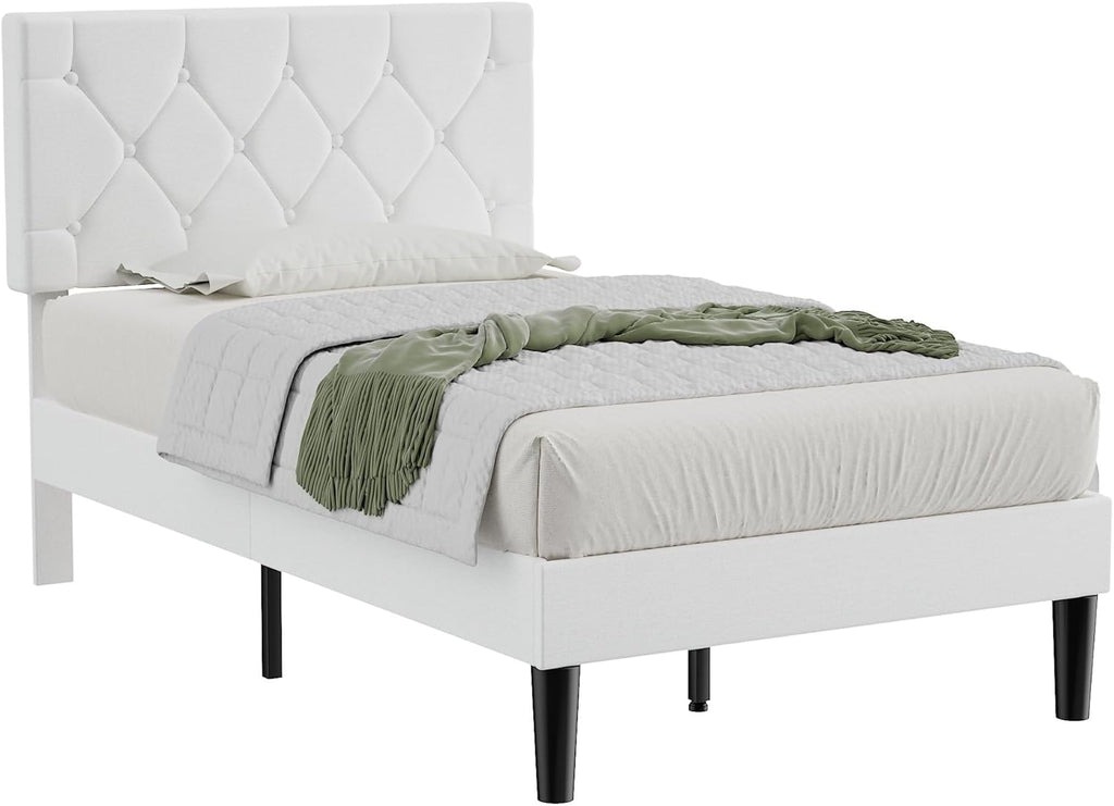 VECELO Twin Size Bed Frame with Button Tufted Headboard, Upholstered Platform Bedframe with Wood Slat Support, No Box Spring Needed, White