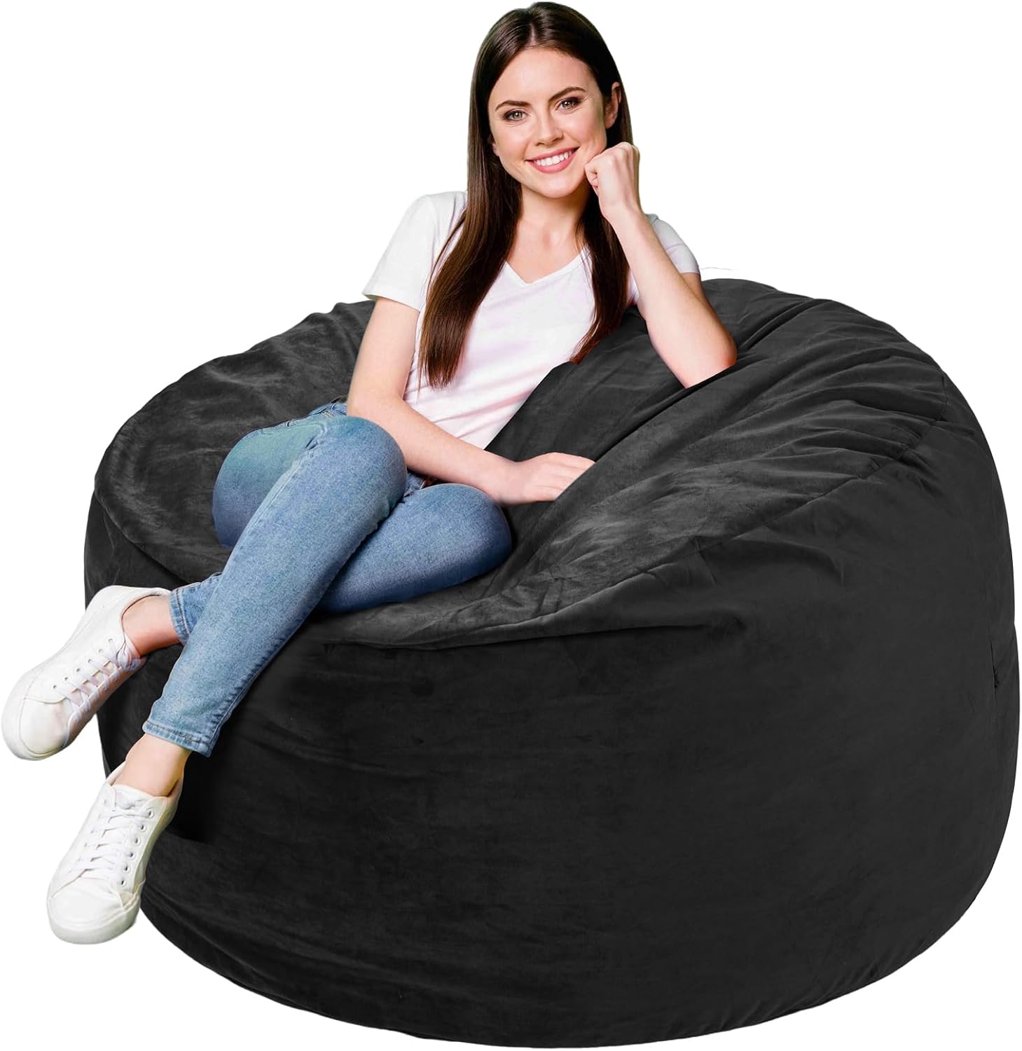 Memory Foam Bean Bag Chair, Oversized Sofa for Adults, Teens & Kids, Removable Velvet Cover, Ultra Comfortable for Gaming, Bedroom, Living Room, or Dorm(Black, 4ft w/Footstool)